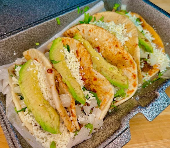 Matamoros corn tortilla tacos with avocado and queso fresco — best tacos near me in Humble Texas, open every day for breakfast lunch and dinner
